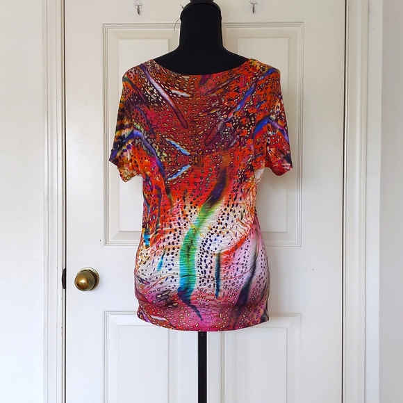 NWOT. Velvet Multi Color Pattern Drop Shoulder Loose Fit Short Sleeve Blouse. - Picture 2 of 4